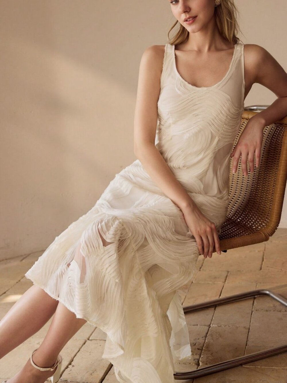 Apricot Elegant Asymmetrical Ruffle Hem Tie-Back Cinched Waist Women's Dress - Picture 6 of 7